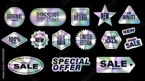 Fototapeta Sticker hologram emblem holographic label set. color neon stickers,Holographic label with tags.Holographic stickers. Hologram labels of different shapes. 