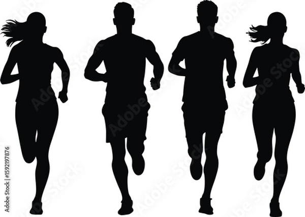 Obraz Group running front view silhouette vector isolated on transparent background