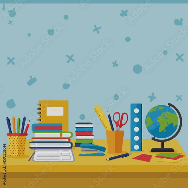 Fototapeta Colorful desk with school supplies and globe in a study environment  