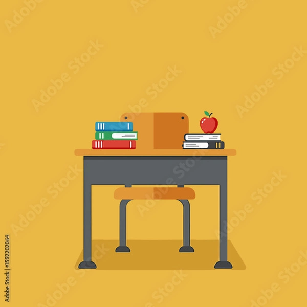 Fototapeta Classroom desk with books and apple in bright yellow setting  