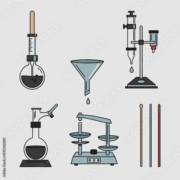 Fototapeta Laboratory instruments including flasks, funnels, and balances  