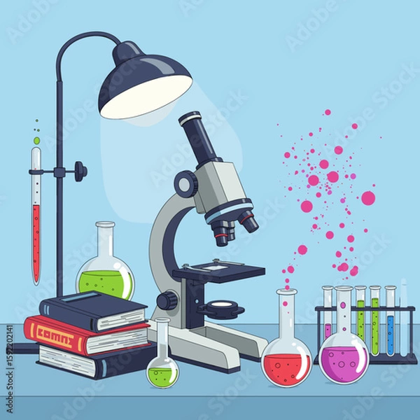 Fototapeta Laboratory equipment with microscope, books, and colorful flasks   