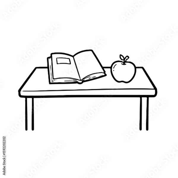Fototapeta Open book and apple on wooden table in minimalist style  