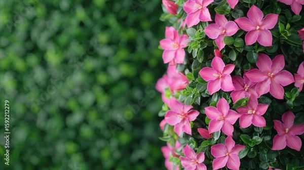 Fototapeta A beautiful vertical garden featuring vibrant pink flowers climbing on lush greenery, creating an inviting and serene atmosphere ideal for indoor or outdoor spaces.