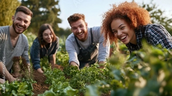 Fototapeta Four people working in a garden