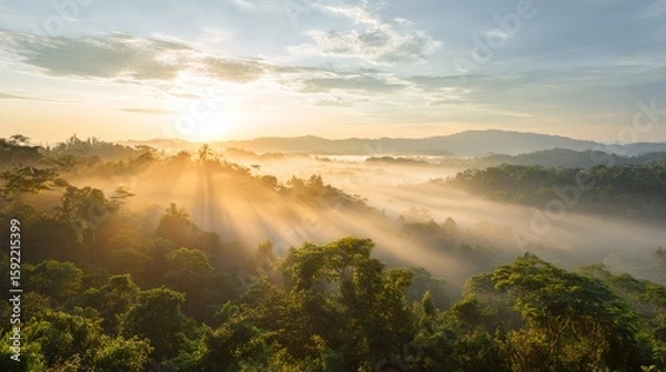 Fototapeta Serene sunrise over misty hills, golden light cascading through trees, tranquil nature setting inviting reflection and calm.