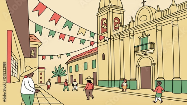 Obraz Discover the charm of a latin american town square with historic church and festive decorations today