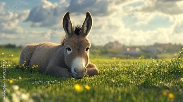 Fototapeta Donkey napping under trees with glowing background high resolution picture