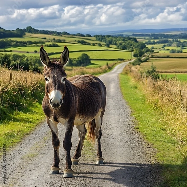 Fototapeta Donkey on empty farm road during summer day high resolution picture