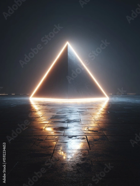 Fototapeta Neon triangle reflecting on wet surface in dark scene