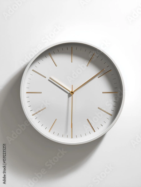 Fototapeta Minimal white wall clock casting shadow on white background