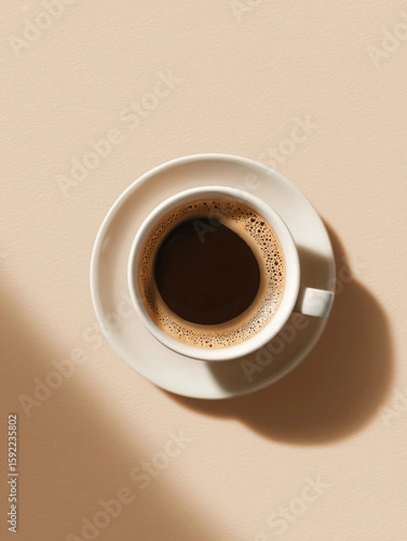 Fototapeta Top-down view of espresso cup on beige background