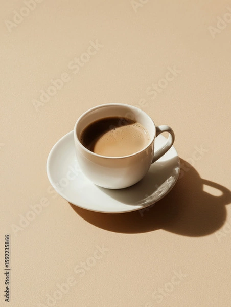 Fototapeta Cup of coffee with saucer casting shadow on beige background