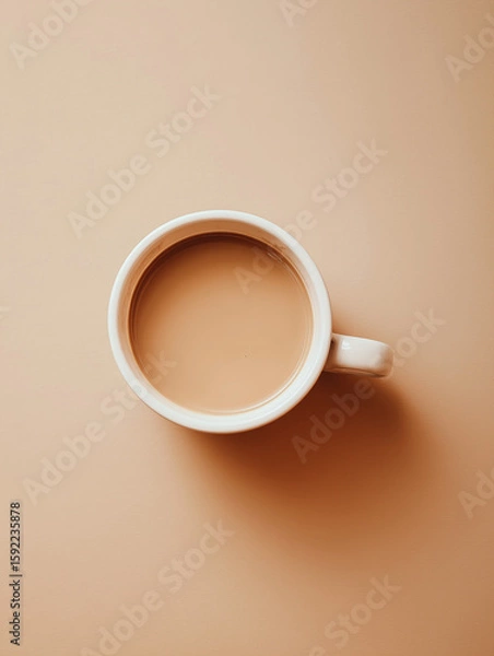 Fototapeta Top view of coffee mug with latte on beige background