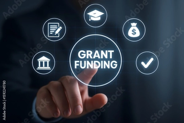 Fototapeta Man selecting grant funding options on a digital interface with icons