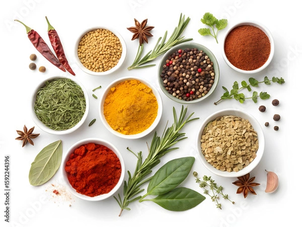 Fototapeta A vibrant set of isolated dry spices and aromatic herbs including red chili, paprika, and green seasonings in bowls on white
