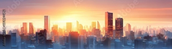 Fototapeta A vibrant city skyline at sunrise with tall skyscrapers glowing in golden light and a hazy urban atmosphere.