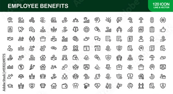 Obraz Employee Benefits Icon Set for HR, Insurance, Wellness, Payroll, and Corporate Use – Modern Vector Line Illustrations