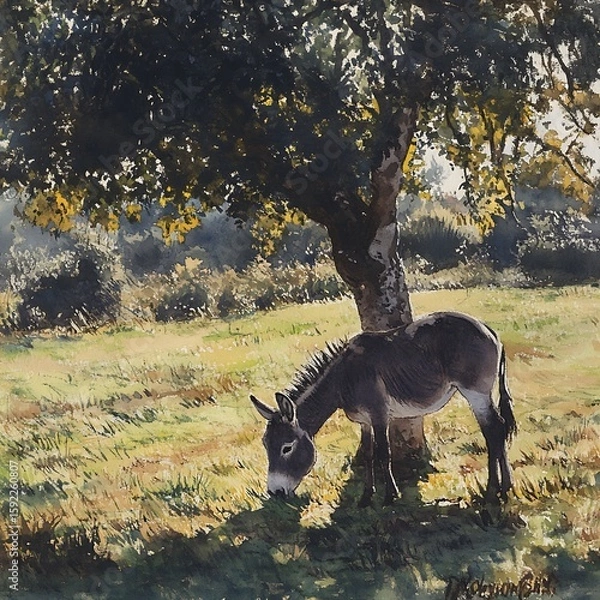 Fototapeta Donkey grazing under tree in peaceful golden field high resolution picture