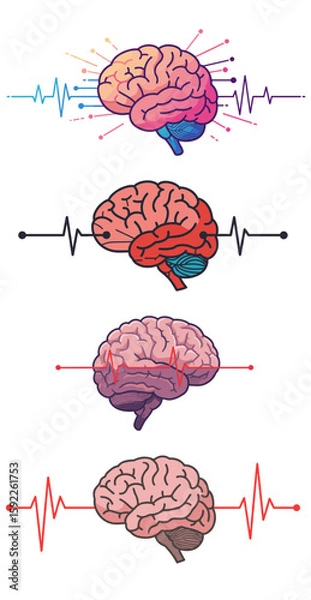 Fototapeta Illustration of colorful brains with heartbeat lines, brain with pulse line 