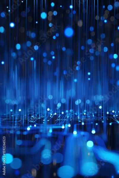 Obraz Blue glowing light trails and bokeh over circuit board. Abstract data transmission network line. Digital technology background.