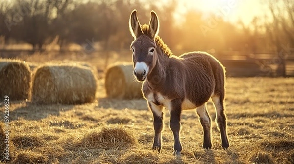 Fototapeta Donkey in rustic field with hay background high resolution picture