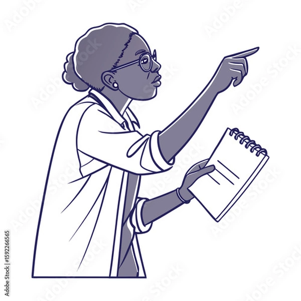 Fototapeta Woman Teacher Points and Explains Concepts Notebook