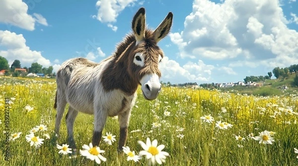 Fototapeta Donkey in vibrant countryside field with flowers high resolution picture