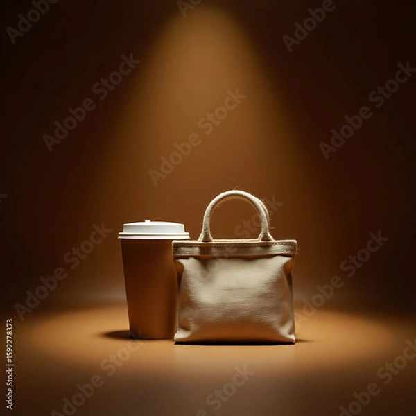 Fototapeta Stylish Coffee Cup and Tote Bag in a Warm, Minimalist Setting