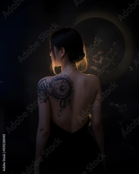 Fototapeta A woman stands gracefully with her back turned, revealing an ornate tattoo that spirals across her shoulder, adorned with intricate light graffiti patterns. The atmospheric lighting creates a dreamlik