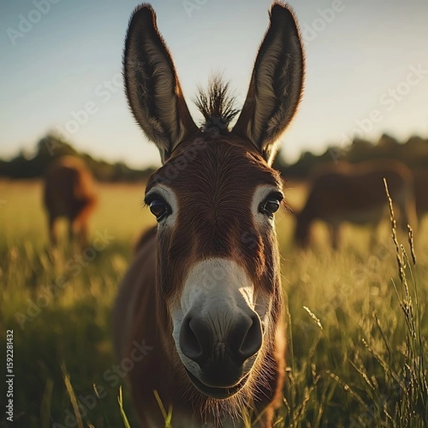 Fototapeta Donkey looking curiously into camera at golden hour high resolution picture
