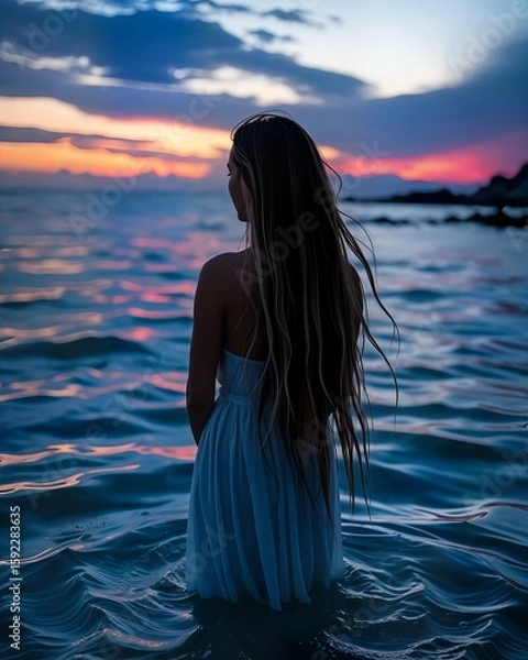 Fototapeta A woman gracefully turns her back, her silhouette framed against a backdrop of opalescent waves reflecting the twilight sky. Her long hair cascades like a waterfall, merging with the ethereal hues of 