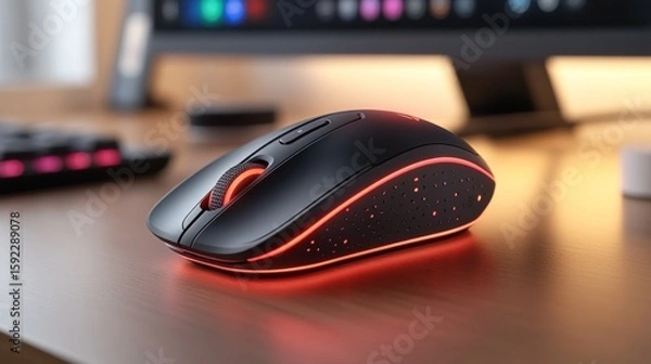 Fototapeta Modern wireless computer mouse with red accent lighting on a wooden desk