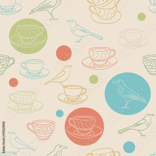 Fototapeta Tea time. Seamless background with teacups and birds. Vector illustration.