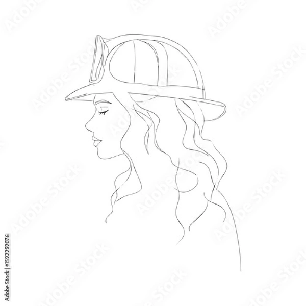 Obraz Minimalist profile of young Caucasian female firefighter in helmet with flowing hair, elegant doodle line drawing for hero-themed or Women’s Day visuals on transparent background.