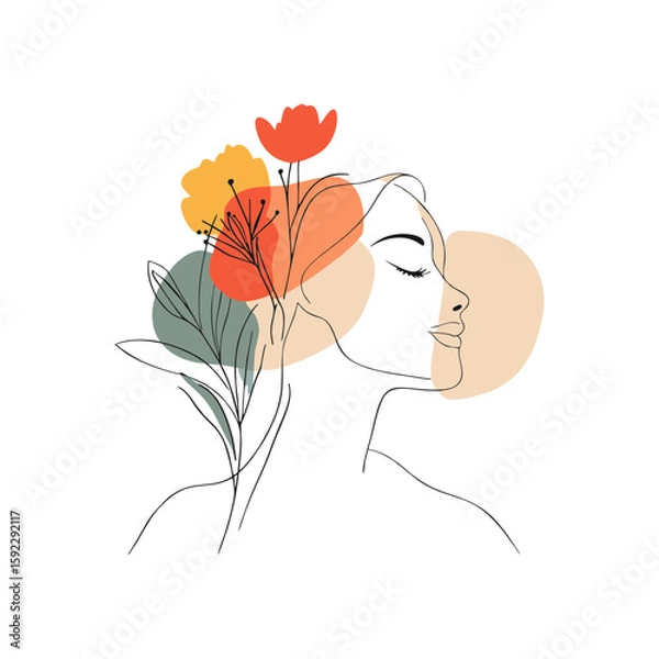 Obraz Floral side profile of young Caucasian woman with red and yellow flowers and abstract pastel shapes in modern line art style for beauty, wellness, or spring campaigns on transparent background.