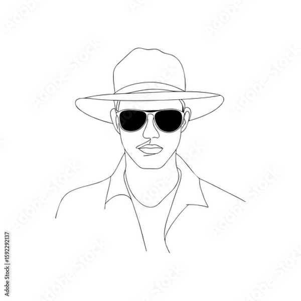Obraz Stylized male traveler in sunglasses and hat, front view portrait of African American man in outline doodle style for vacation, adventure, or Father's Day content on transparent background.