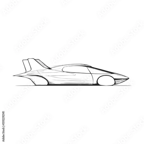 Obraz Sketch of futuristic flying car in dynamic side view with aerodynamic curves, black and white doodle line art for technology innovation and sci-fi concepts on transparent background.
