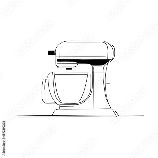 Obraz Side view of electric stand food mixer in clean doodle sketch style, kitchen appliance outline with mixing bowl for baking, culinary blogs, or kitchenware ads on transparent background.