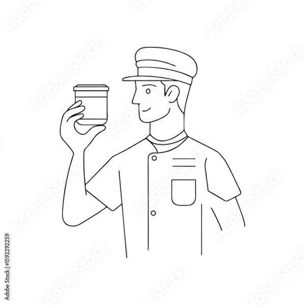 Obraz Male food engineer in uniform holding takeaway coffee cup, front view outline of Caucasian man in doodle SVG style for café branding, culinary services, or delivery content on transparent background.