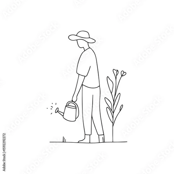 Obraz Minimalist gardener character in side view holding watering can and standing near plants in black outline doodle style for eco farming, gardening blogs or spring visuals on transparent background.