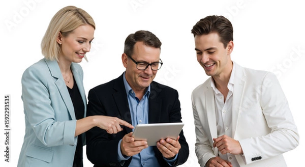 Fototapeta Team of Business People Using Tablets for Work in Bright Office Space