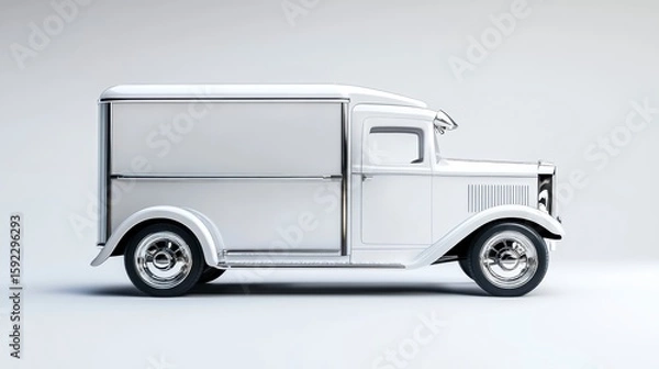 Fototapeta Side profile of a vintage white delivery truck against a white background.