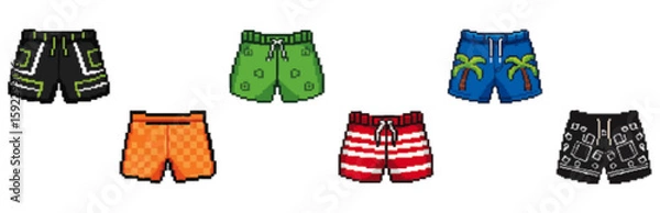 Obraz A collection of six diversely patterned men's swim shorts, showcasing various colors and designs.