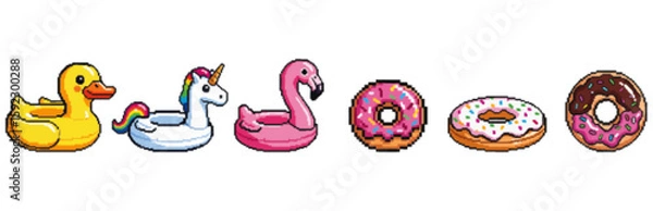 Fototapeta Cute pixel art of inflatable pool toys and donuts.