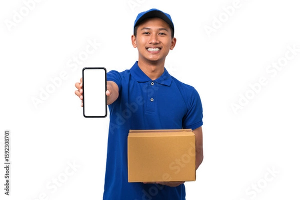 Fototapeta Asian delivery man wearing blue uniform holding cardboard box showing smartphone with blank screen