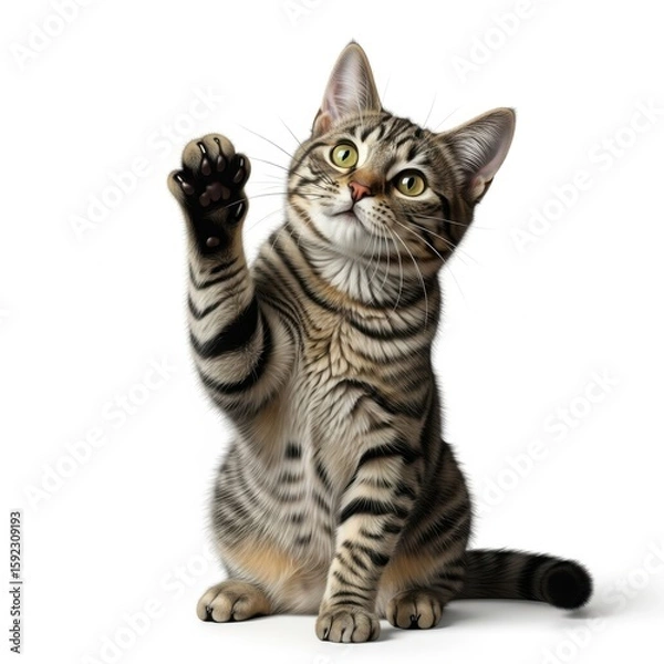 Fototapeta Cute tabby kitten with paw raised isolated on white background