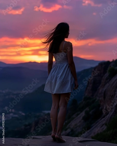 Fototapeta A photograph of a woman turning her back to the viewer, standing on a rocky cliff at sunset. The sky is painted with vibrant purples and oranges, casting a warm glow. Her silhouette is elegantly outli