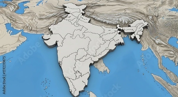 Fototapeta View of the map of India showing geographical and political territories and boundaries on a serene blue water backdrop.