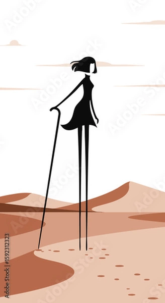 Fototapeta Elegant Woman on Stilts with ‘Time’ Text Flat Surreal Icon